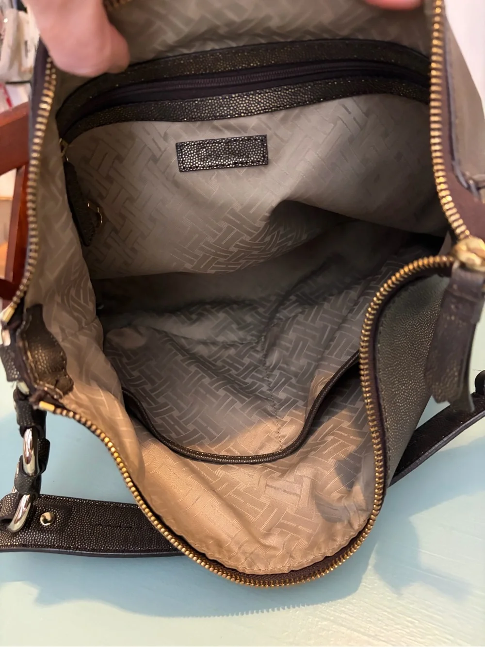 Cole Haan Metallic Charcoal Leather Hobo Shoulder Bag Ring Hardware